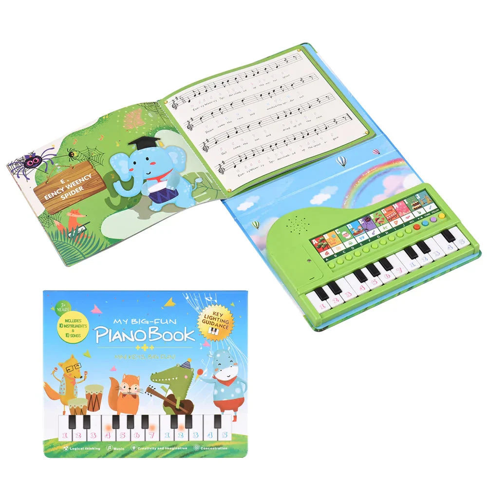 Child playing interactive musical piano book toy for early education and skill development