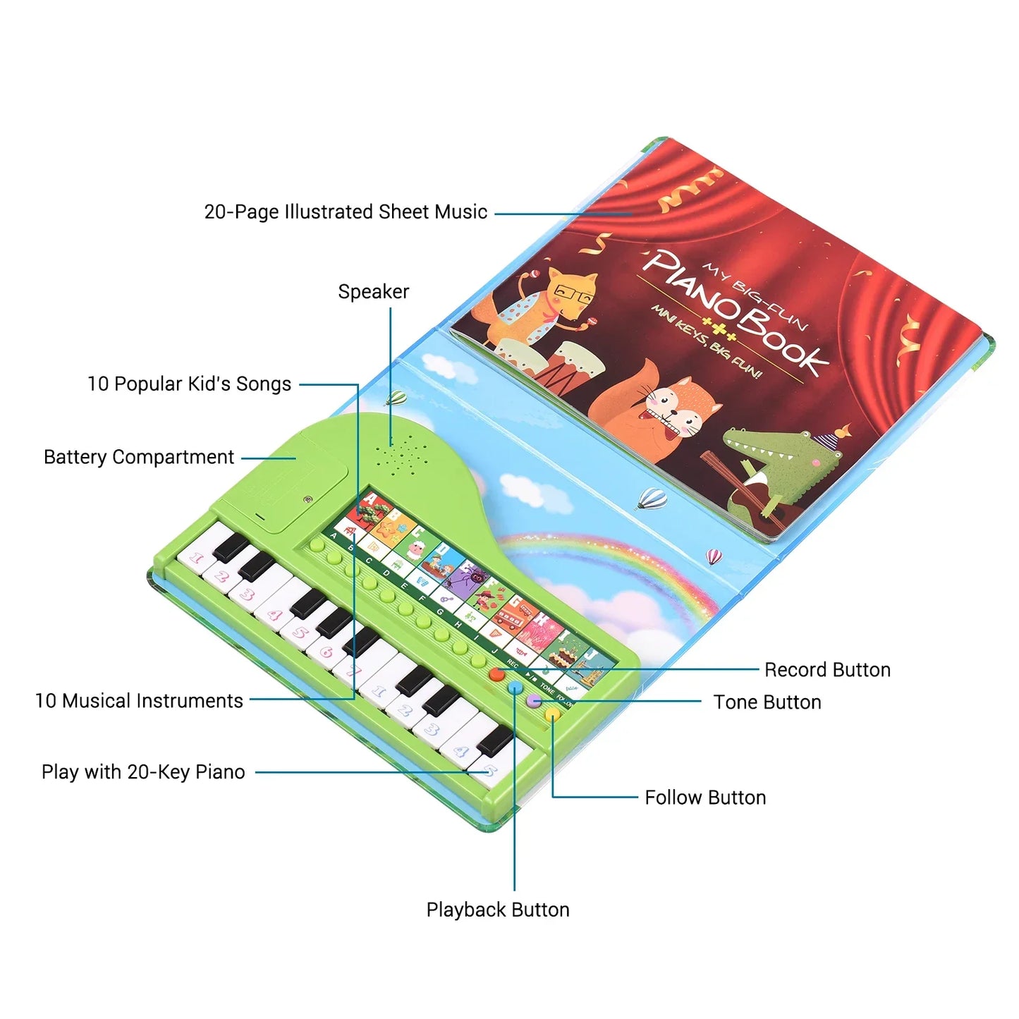Toddler's hands pressing keys on an interactive musical toy book, promoting creative play