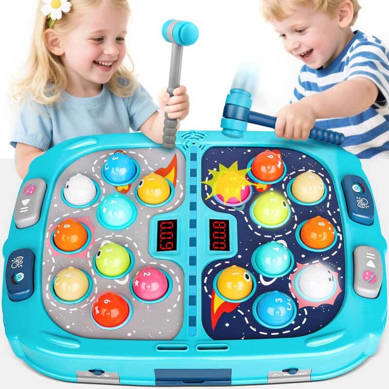 Child playing interactive Whack-A-Mole game, colorful moles pop up, stimulating sensory play.