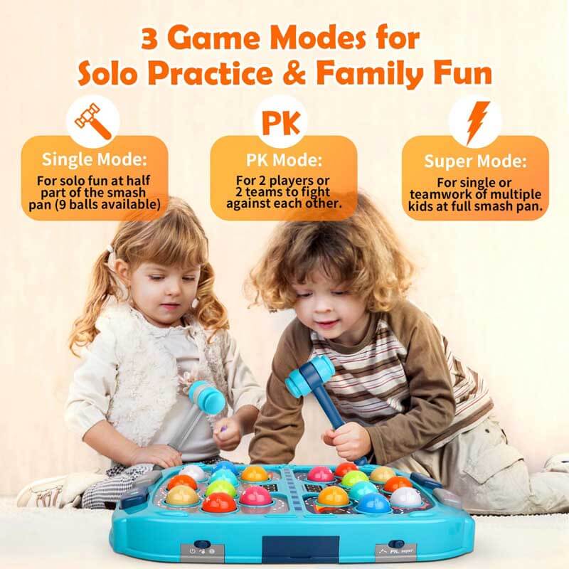 Overhead view of Whack-A-Mole game for kids, promoting hand-eye coordination and quick reflexes.