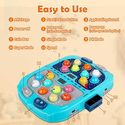 Educational Whack-A-Mole game for children, with soft hammer for safe interactive play.