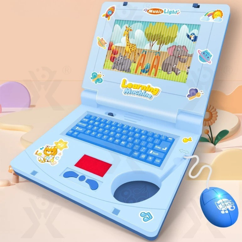 Child playing with an interactive learning laptop toy featuring a colorful screen, learning letters and numbers.