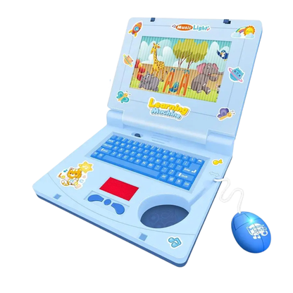 Toddler pressing buttons on a vibrant, screen-free learning laptop, an interactive preschool English toy.