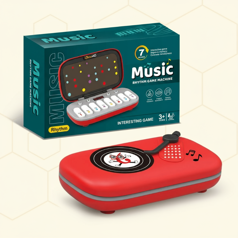 Overhead shot of a kids' interactive music and light piano toy, perfect for early skill development.