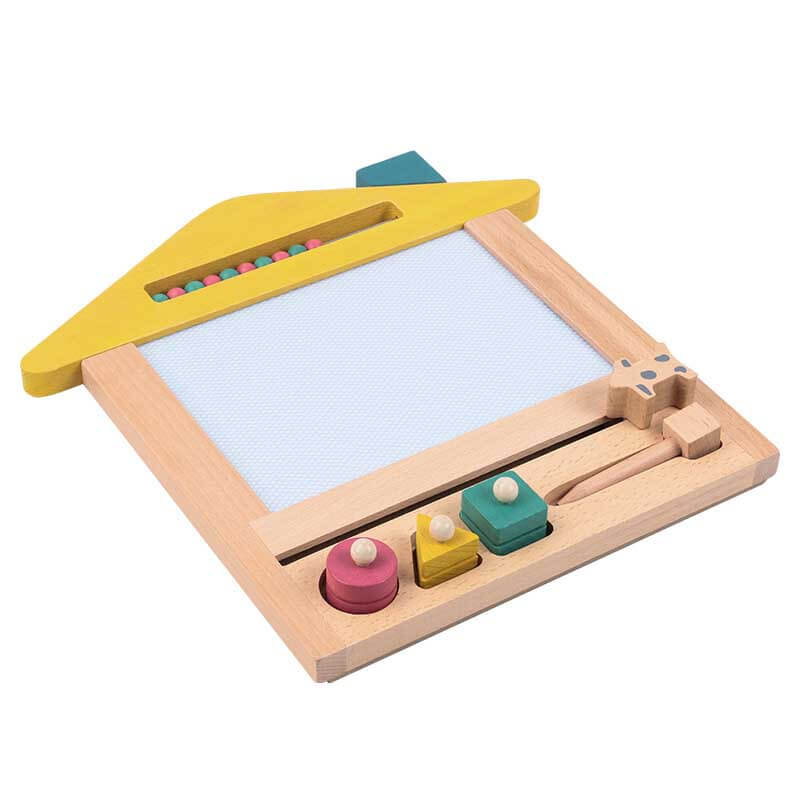 Brightly colored magnetic drawing set on a wooden board, with eraser, ideal for young learners.