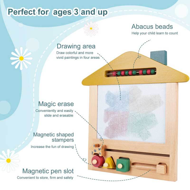 Close-up of wooden magnetic drawing board with colorful magnetic pens and eraser, educational.