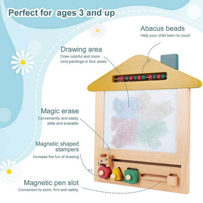 Close-up of wooden magnetic drawing board with colorful magnetic pens and eraser, educational.