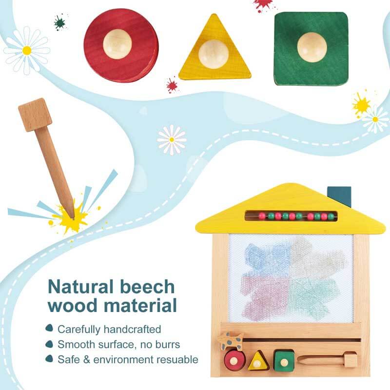 Magnetic drawing board made of wood, showing a child's drawing and the sliding eraser function.
