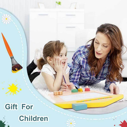 Top-down view of wooden magnetic drawing board, colorful magnetic shapes, and an eraser.
