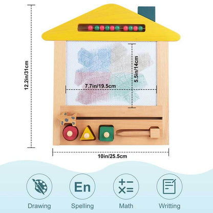 Wooden magnetic drawing board, featuring a child erasing a drawing with the simple-to-use eraser.