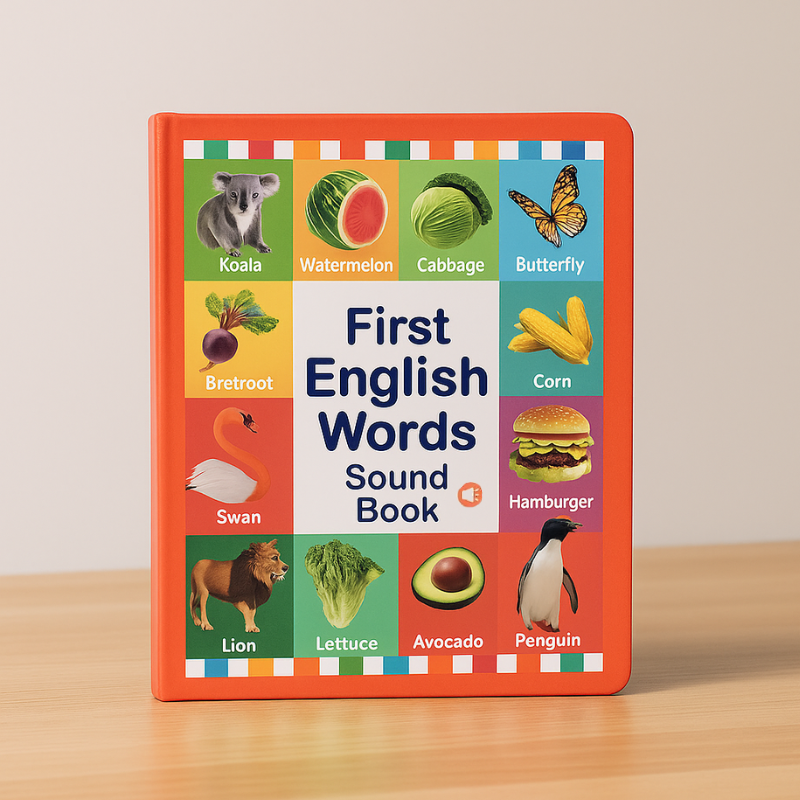 Child presses button on interactive English sound book, learning early vocabulary and letter sounds.
