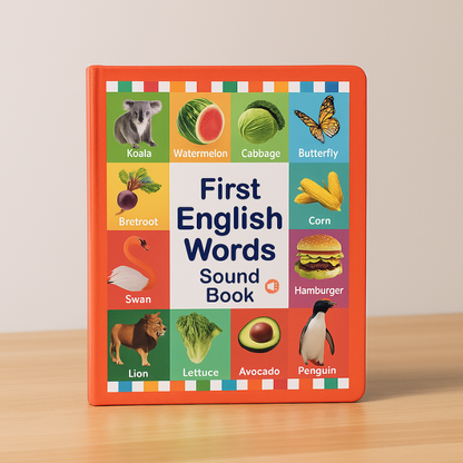Child presses button on interactive English sound book, learning early vocabulary and letter sounds.