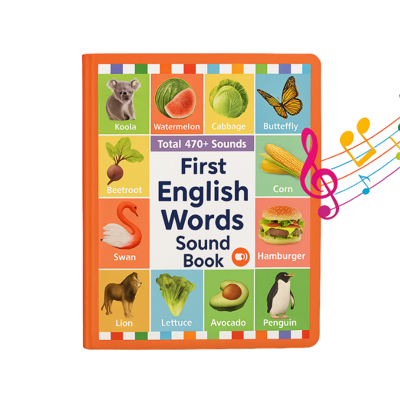 Colorful children's interactive English sound book open with pictures and text for early learning literacy.