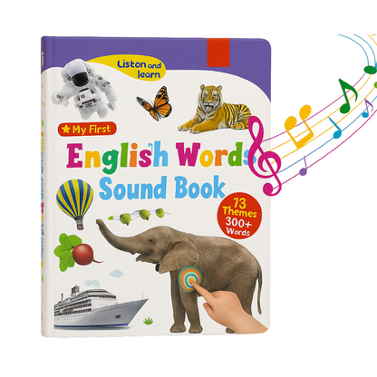 Toddler's hands on an educational English sound book, an interactive toy for preschool vocabulary building.