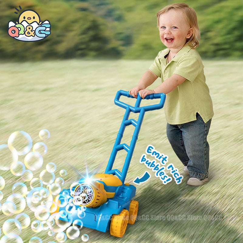 Child pushing a pink bubble mower machine toy in a garden, blowing many bubbles, summer fun