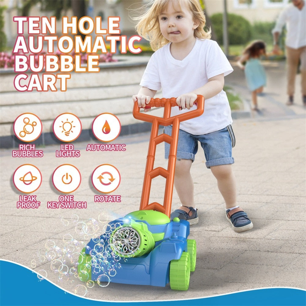 Close-up of blue bubble mower toy with bubbles emerging, ideal for outdoor play and toddlers