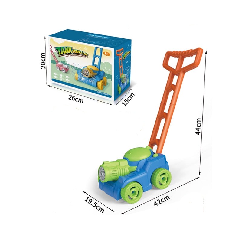 Toddler joyfully interacting with an enchanting bubble mower toy, perfect for summer outdoor fun