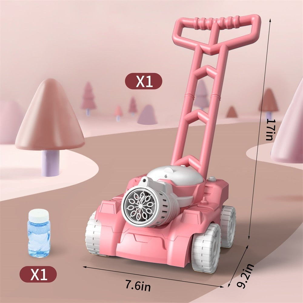 Front view of a red bubble blower machine toy, producing countless bubbles for children's play