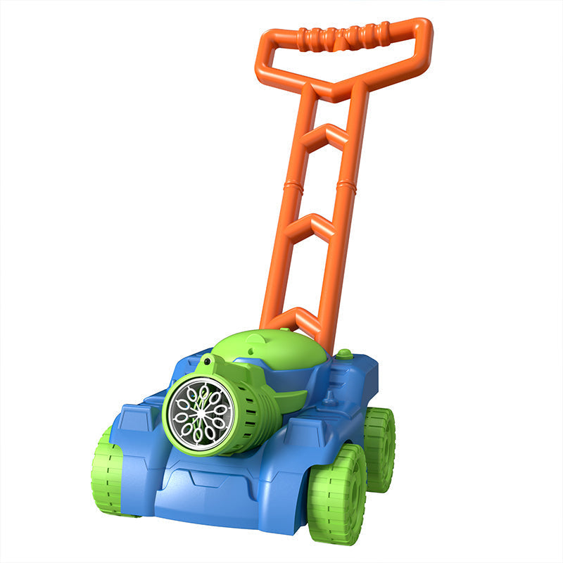 Group of children laughing and chasing bubbles from a bubble mower, engaging outdoor toddler toy