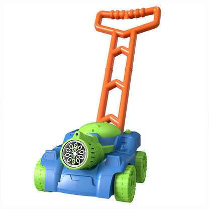 Group of children laughing and chasing bubbles from a bubble mower, engaging outdoor toddler toy
