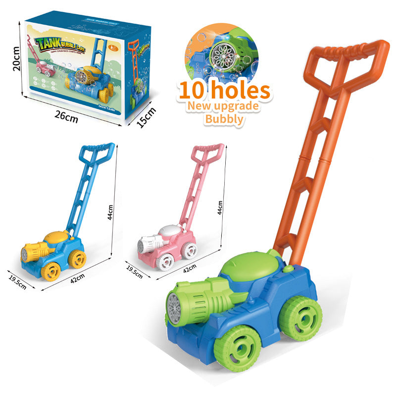 Product shot of a vibrant bubble mower toy with bubble solution, ready for kids' summer play