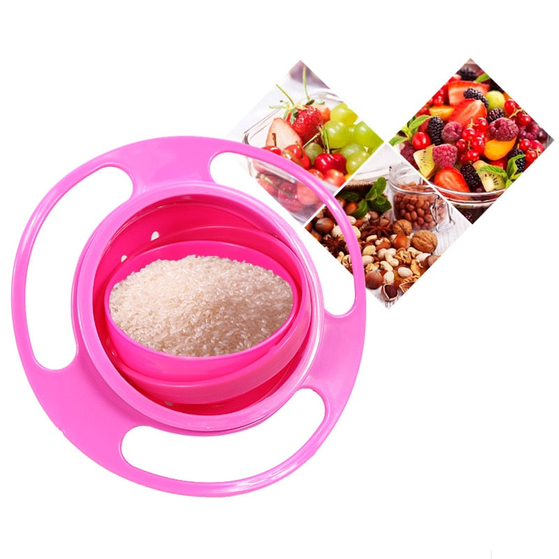 Green anti-spill gyro bowl for children, demonstrating its spill-proof design for feeding