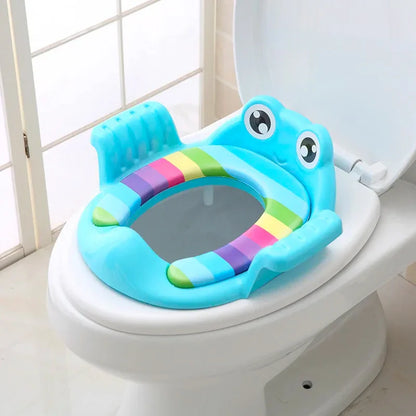 Child's cushioned potty training seat with handles, white and blue, for toddlers learning to use the toilet