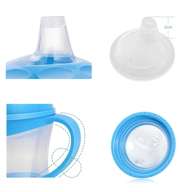 Kids portable bottle, clear, with a silicone spout, ergonomic handle for active children