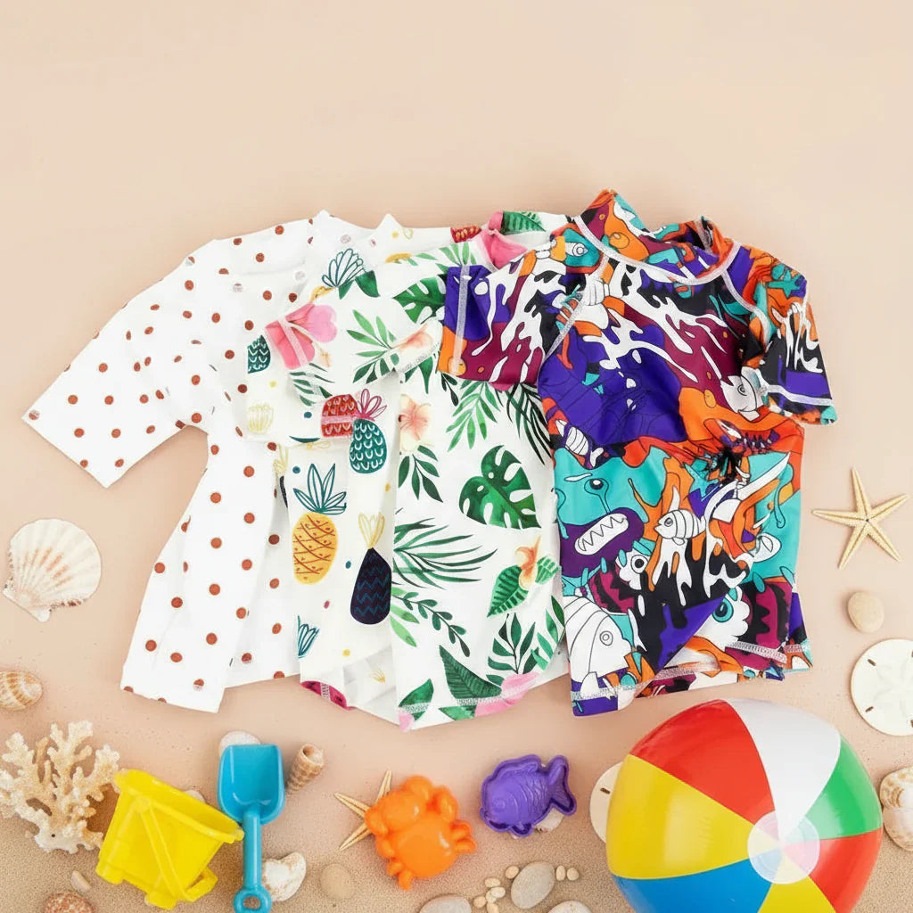 Child's short sleeve anti-UV swim shirt in blue, perfect for sun protection at the beach.