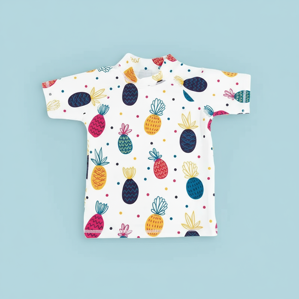 Detail of the neckline on a children's short sleeve UV protection swim shirt, high-quality design.
