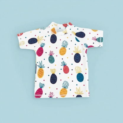 Detail of the neckline on a children's short sleeve UV protection swim shirt, high-quality design.