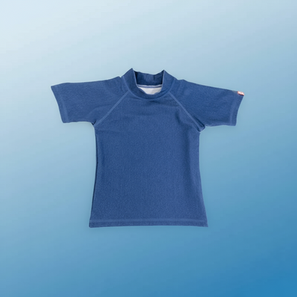 Green anti-UV short sleeve swim shirt displayed on a hanger, showcasing its protective features.