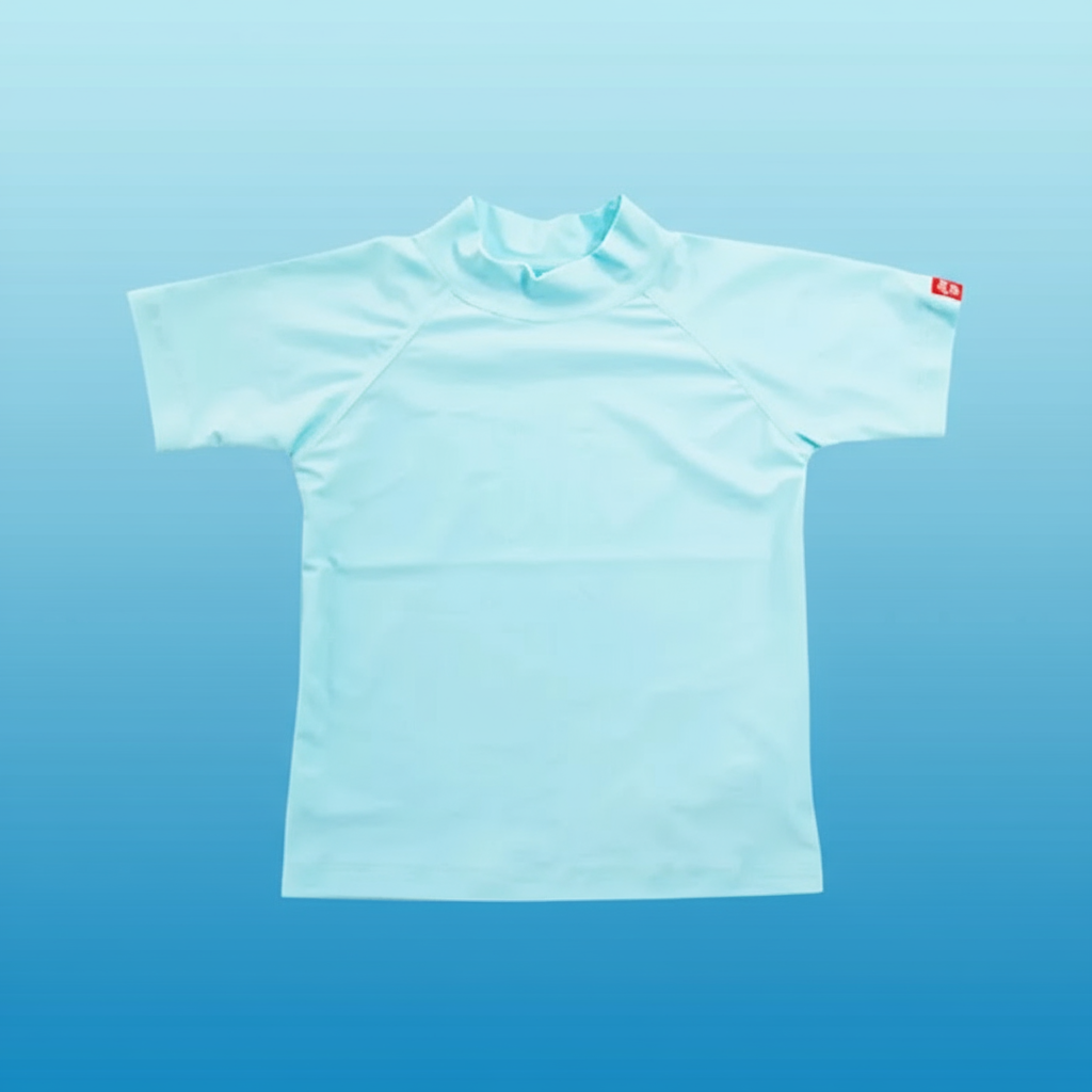 Back view of a red short sleeve anti-UV swim shirt for kids, showing full coverage.