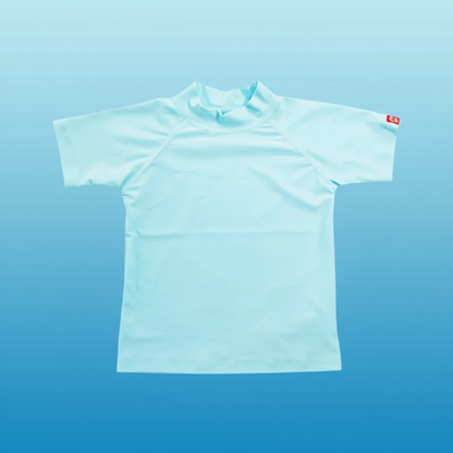 Back view of a red short sleeve anti-UV swim shirt for kids, showing full coverage.