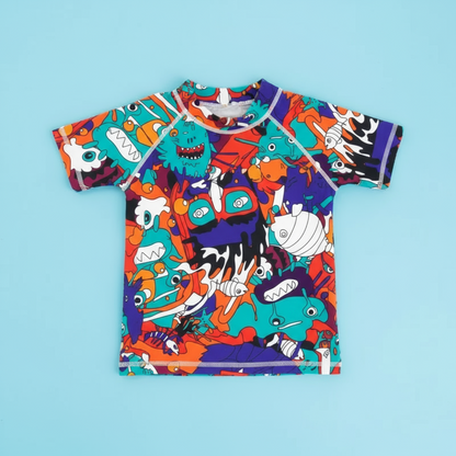 Kids' blue short sleeve UV protection swim shirt with flatlock seams for comfort.