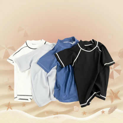 Kids' red rash guard for swimming, offering excellent UV protection and comfort.