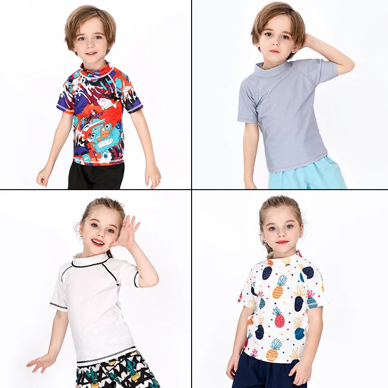 Green short sleeve rash guard for toddlers, providing effective sun protection for delicate skin.