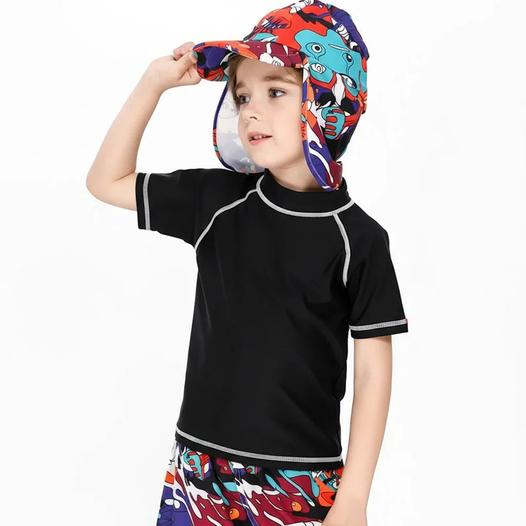 Purple kids' UV protection swim shirt, a must-have for beachwear and pool days.