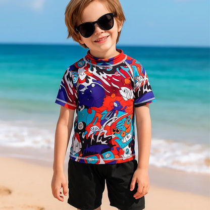Close-up of a pink anti-UV short sleeve swim shirt for children, highlighting fabric texture.