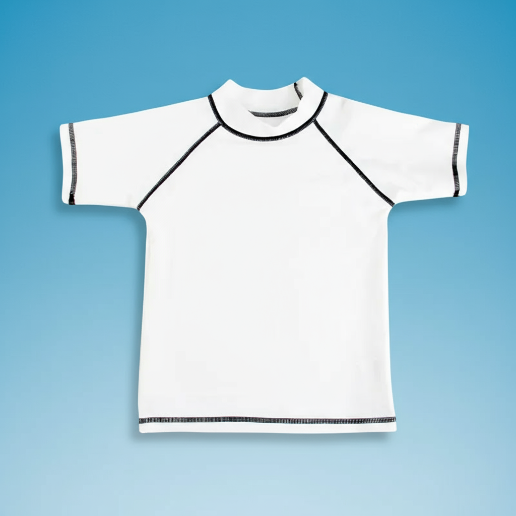 Multiple colored children's anti-UV swim shirts neatly folded, ready for summer adventures.