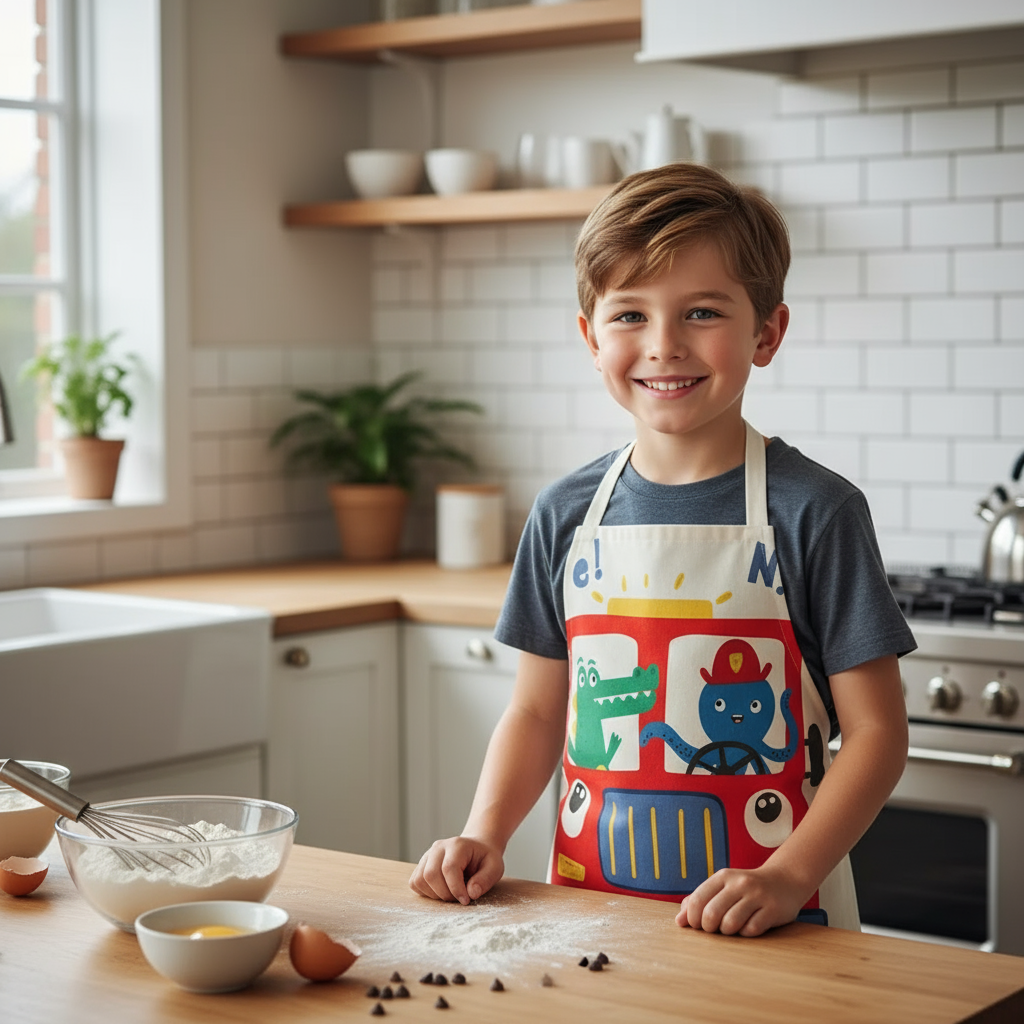 Child's stain-resistant apron with playful dinosaur print, perfect for kids cooking and art