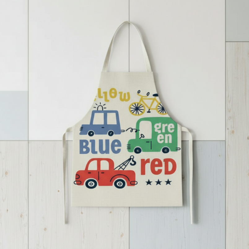 Vibrant rainbow kids' apron hanging, showcasing its playful design and quality fabric