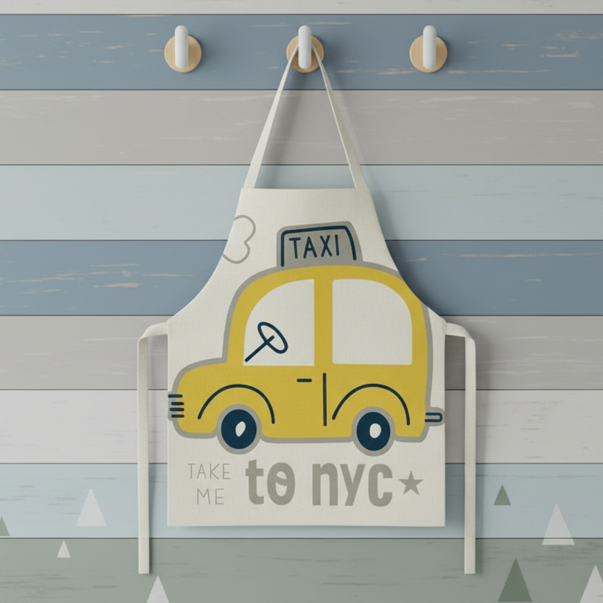 Vehicle-patterned children's apron spread out, highlighting its practical and fun features