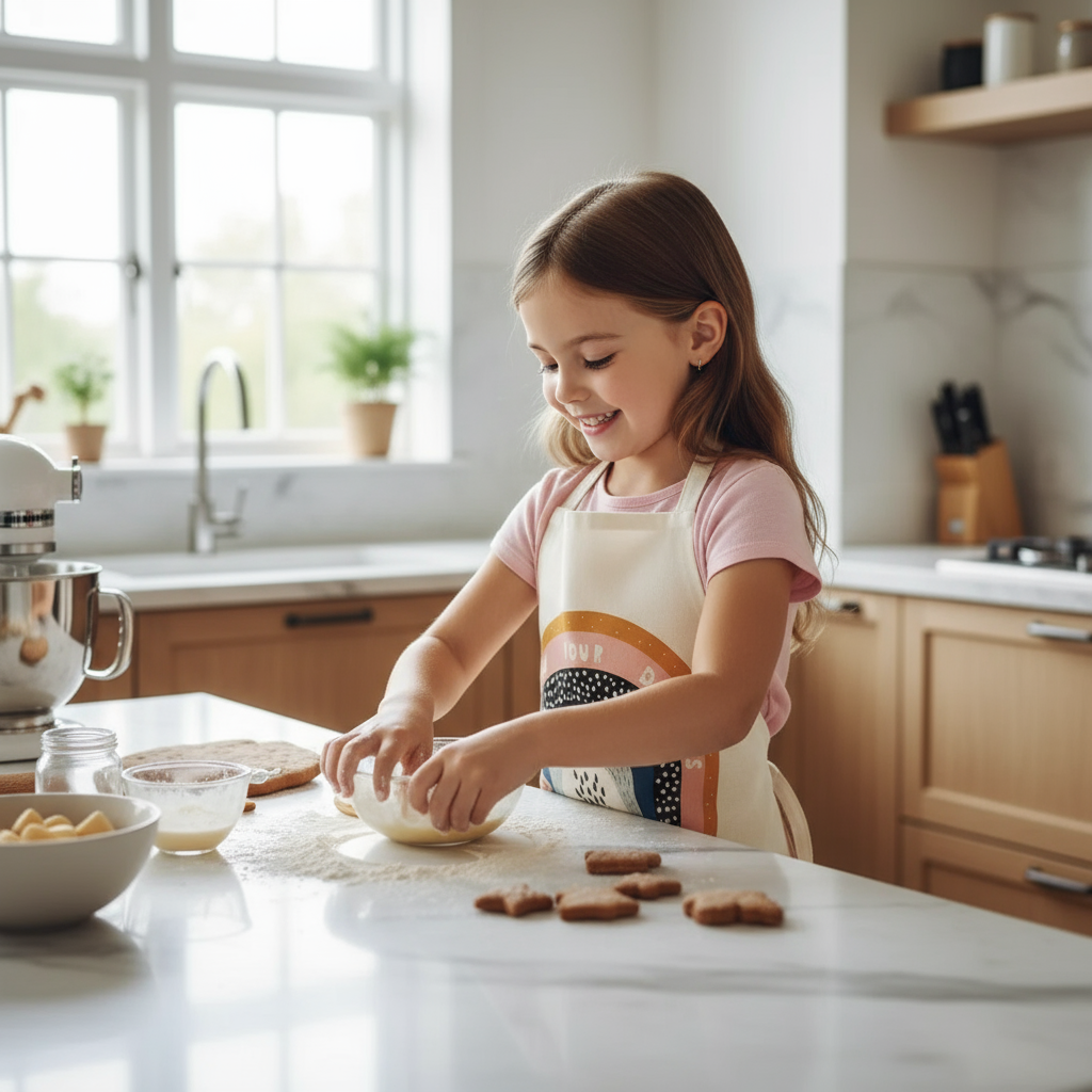 Kids' linen apron featuring a vibrant rainbow design, ideal for playtime and role-playing