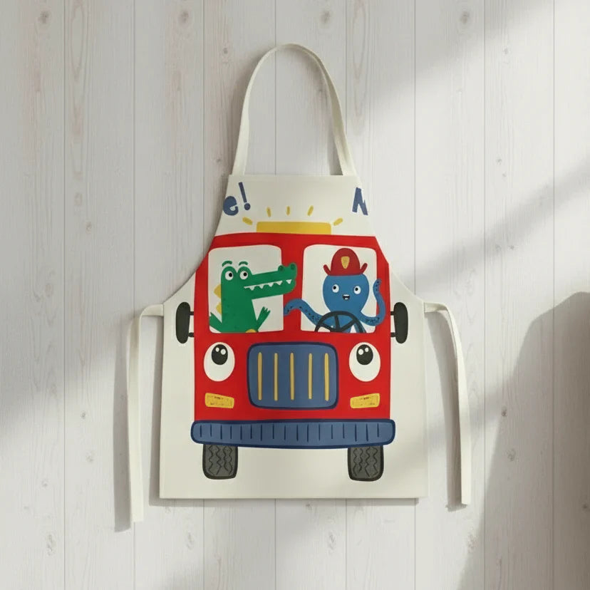 Close-up of a child's apron with a cute dinosaur graphic, emphasizing spill-resistant fabric