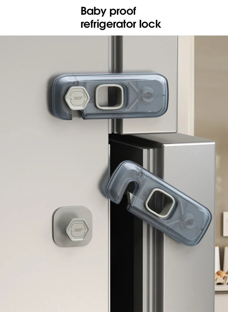 Durable plastic child safety lock in gray-blue, effective for refrigerator and drawer security