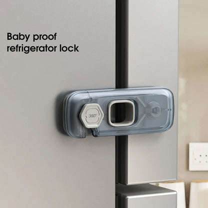 Child safety home essential: gray-blue plastic lock for secure baby proofing of appliances
