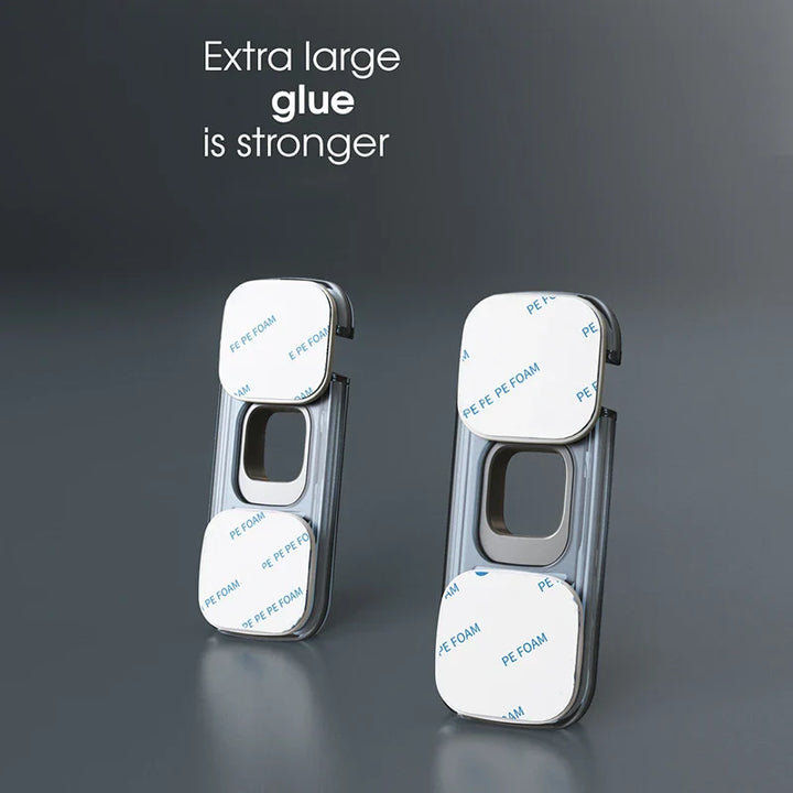 Pack of child safety locks, gray-blue plastic, securing a refrigerator door