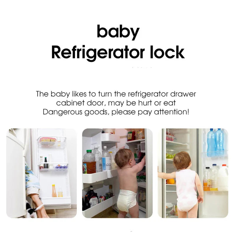 Child safety refrigerator lock attached to white fridge, preventing baby access to contents