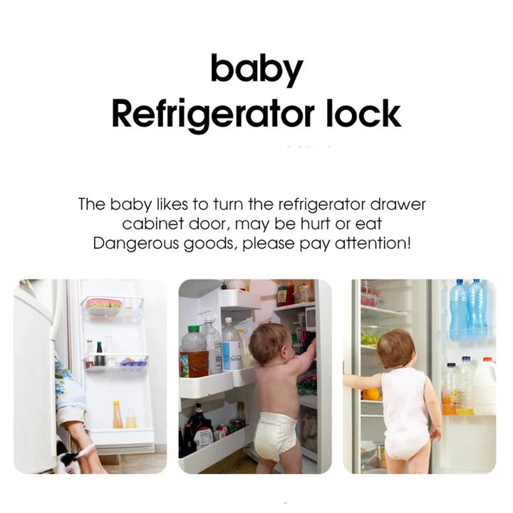Child safety refrigerator lock attached to white fridge, preventing baby access to contents